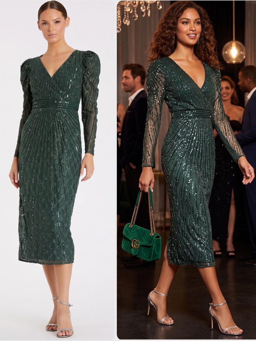 Mac Duggal Deep Green Sequin V-Neck Long Sleeve Midi Dress 93676 NWT $538